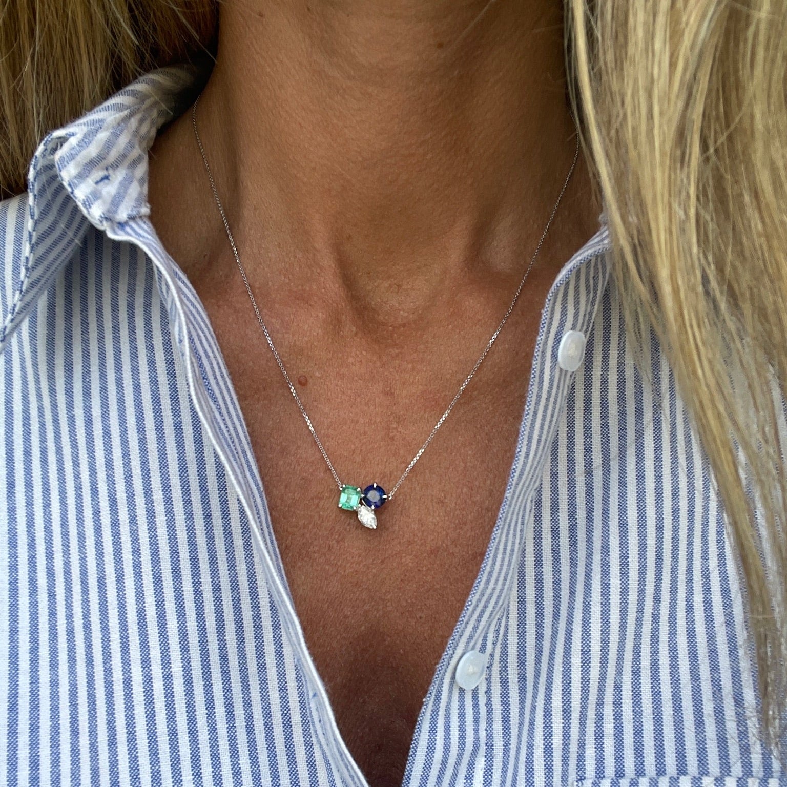 Multi-Shape Diamond, Emerald & Blue Sapphire Pendant Necklace in 18K White Gold - Image 2